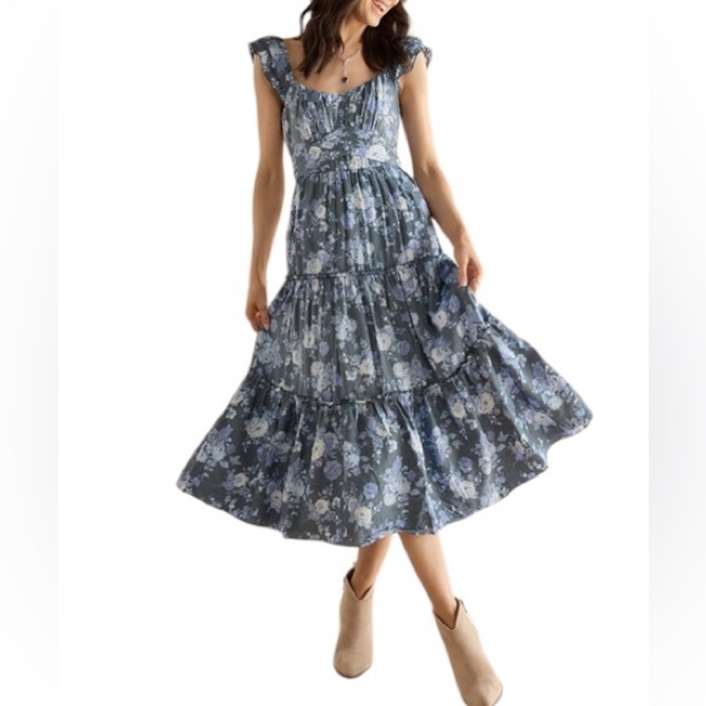 Trixxi Blue Floral Tiered Midi Dress, Medium